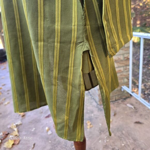 Vtg 70s Mod Handmade Mini Dress Long Sleeve Green Stripe Buttons Pockets M/L* - Picture 7 of 7